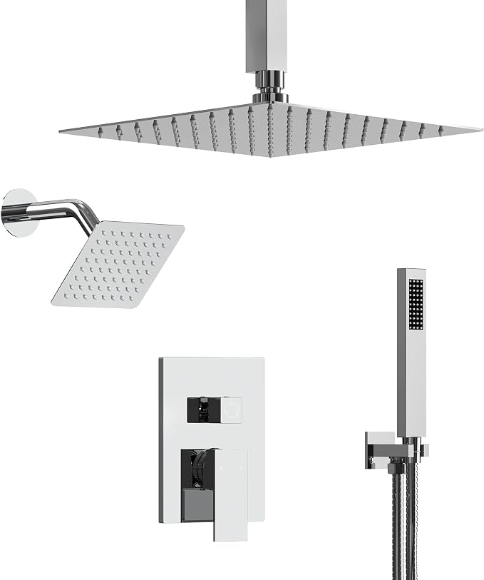 10" High-Pressure Rainfall Shower Faucet, Celling Mount Dual Shower Head System, Polished Chrome