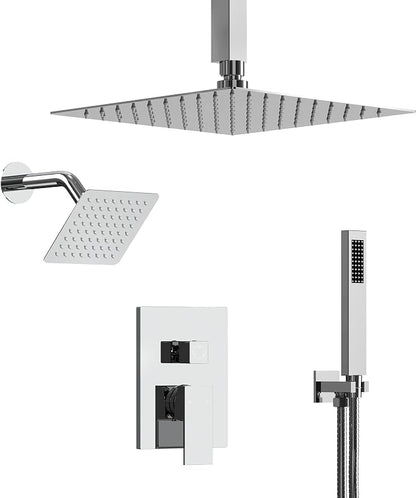 10" High-Pressure Rainfall Shower Faucet, Celling Mount Dual Shower Head System, Polished Chrome
