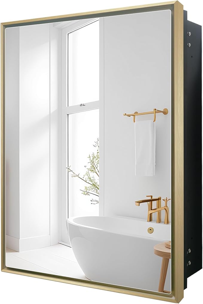 24”x30” Medicine Cabinet with Aluminum Frame,Surface or Recessed Medicine Cabinet Mirror for Bathroom,Bathroom Mirror with Storage,Gold
