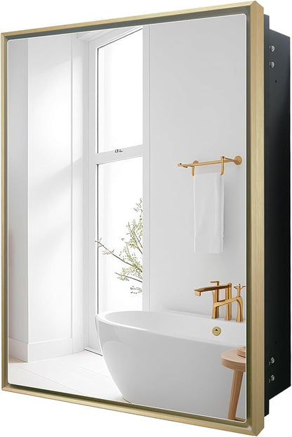 24”x30” Medicine Cabinet with Aluminum Frame,Surface or Recessed Medicine Cabinet Mirror for Bathroom,Bathroom Mirror with Storage,Gold