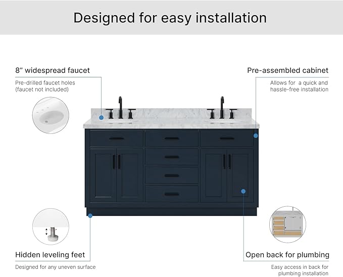 ARIEL Hepburn 66-inch Bathroom Vanity with Sink,Solid Wood, 1.5-inch Italian Carrara Marble Countertop, Double Oval Porcelain Sink, 4 Soft Closing Doors, 6 Dovetail Drawers, Midnight Blue
