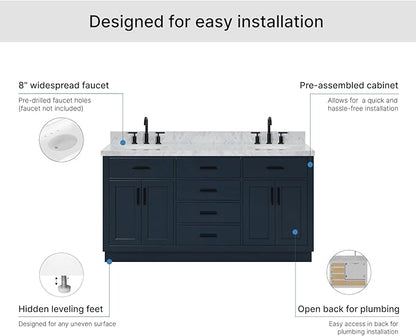 ARIEL Hepburn 66-inch Bathroom Vanity with Sink,Solid Wood, 1.5-inch Italian Carrara Marble Countertop, Double Oval Porcelain Sink, 4 Soft Closing Doors, 6 Dovetail Drawers, Midnight Blue