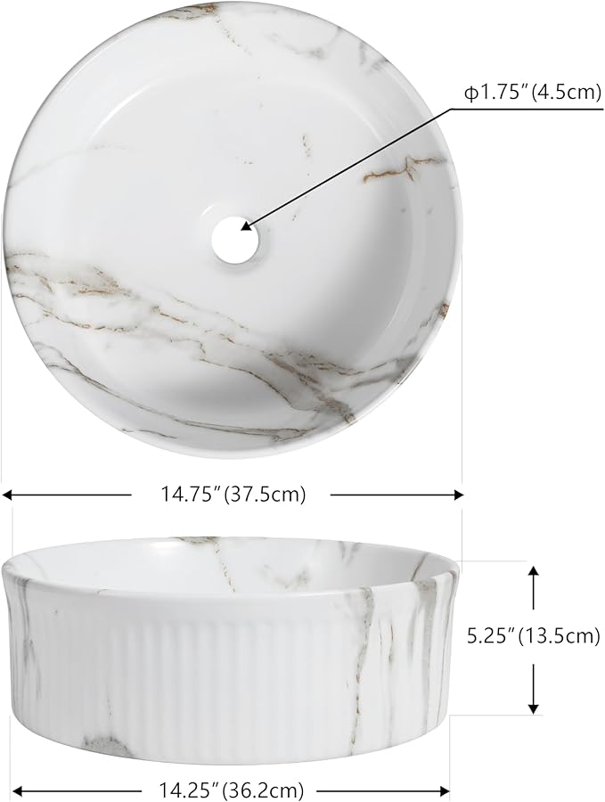 JONATHAN Y SNK1006C 14.75" Round Bathroom Vessel Sink, Modern White Marble Finish Ceramic Above Counter Sink Bowl with Ribbed Exterior, Art Deco Designer Vanity Basin for Powder Rooms