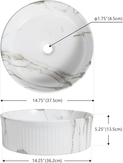JONATHAN Y SNK1006C 14.75" Round Bathroom Vessel Sink, Modern White Marble Finish Ceramic Above Counter Sink Bowl with Ribbed Exterior, Art Deco Designer Vanity Basin for Powder Rooms