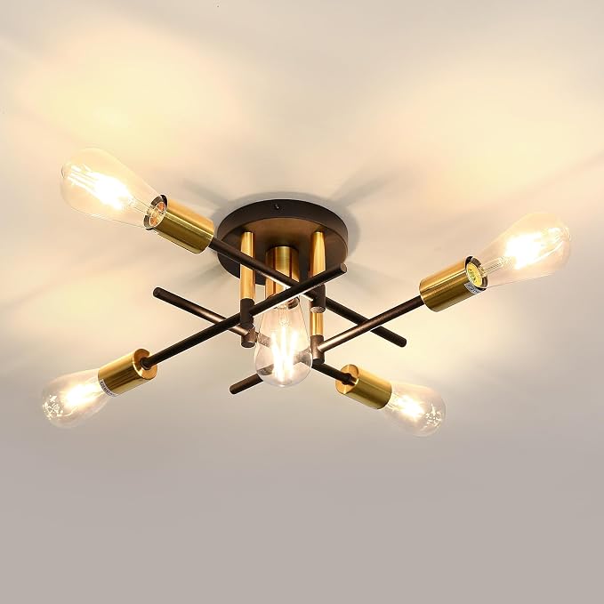 UOFUS Farmhouse 5-Light Semi Flush Mount Ceiling Light Fixture with E26 Modern Matte Black and Gold Chandelier Sputnik Ceiling Lamp for Hallway Kitchen Dining Room Bedroom Study Living Room Bathroom