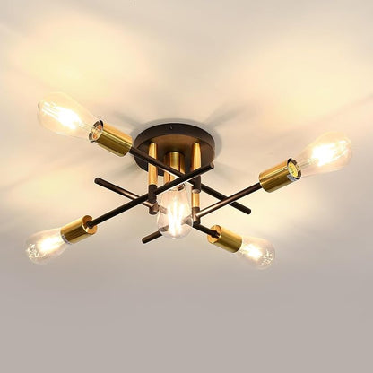 UOFUS Farmhouse 5-Light Semi Flush Mount Ceiling Light Fixture with E26 Modern Matte Black and Gold Chandelier Sputnik Ceiling Lamp for Hallway Kitchen Dining Room Bedroom Study Living Room Bathroom