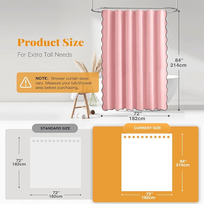 BTTN 84 inch Shower Curtain, Extra Long Scalloped Boho Linen Textured Thick Cloth Shower Curtain Set with 12 Hooks, Large Elegant Modern Waterproof Fabric Shower Curtains for Bathroom, 72x84, Pink