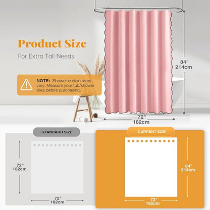 BTTN 84 inch Shower Curtain, Extra Long Scalloped Boho Linen Textured Thick Cloth Shower Curtain Set with 12 Hooks, Large Elegant Modern Waterproof Fabric Shower Curtains for Bathroom, 72x84, Pink