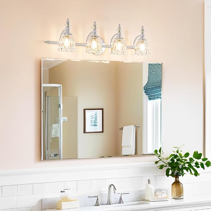4 Light Brushed Nickel Bathroom Light Fixture, Antique Vanity Light with Flower Glass Shade, Bathroom Vanity Light Over Mirror, Farmhouse Sconces Wall Lighting for Hallway Livingroom Bedroom