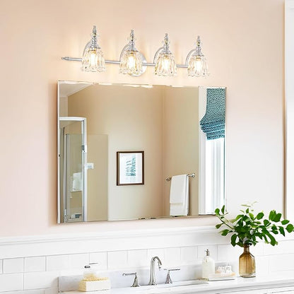 4 Light Brushed Nickel Bathroom Light Fixture, Antique Vanity Light with Flower Glass Shade, Bathroom Vanity Light Over Mirror, Farmhouse Sconces Wall Lighting for Hallway Livingroom Bedroom