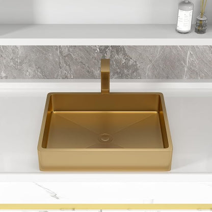 Gold Vessel Sink Stainless Steel - Fulorni 19"x15" Bathroom Vessel Sink Gold 16 Gauge Nano Titanium Plating Above Counter Rectangle Vanity Lavatory Bath Sink Basin