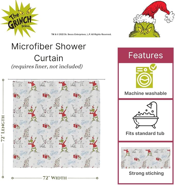 Grinch Holiday Christmas Bath Microfiber Shower Curtain, 72x72, (Officially Licensed Product) by Franco