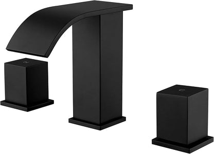 3 Hole Bathroom Faucet, Matte Black 8 inch Bathroom Sink Faucets Widespread 2 Handles, Metal Square Modern Waterfall 3 Hole Bathroom Vanity Faucets with Pop Up Drain, Black Faucet