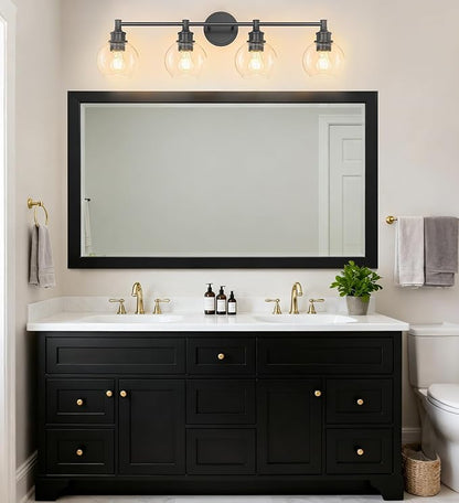 Bathroom Light Fixtures, 4-Light Matte Black Vanity Light Globe Glass Shades, Bathroom Lighting Fixtures Over Mirror, Wall Sconces for Master Bathroom, Guest Bathroom, Powder Room, 28-inch
