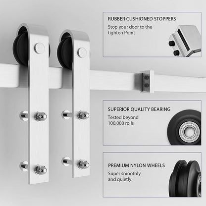 SMARTSTANDARD 40 x 84 in Glass Barn Door with 7FT Silver Sliding Hardware | Brushed Nickel Sliding Hardware Kit & Handle, Pre-Drilled Ready to Assemble, Waterproof PVC Coating, White, 5-Panel Glass