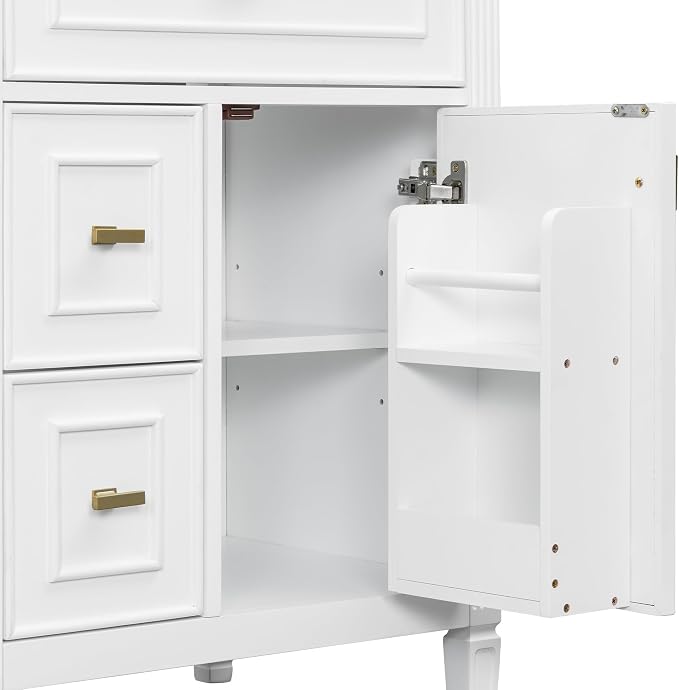 24" Modern Bathroom Vanity with Ceramic Sink, Solid Wood Frame Freestanding Storage Cabinet w/2 Drawers & Tilt-Out Drawer, Door Rack & Adjustable Shelf, Golden Metal Handles, White