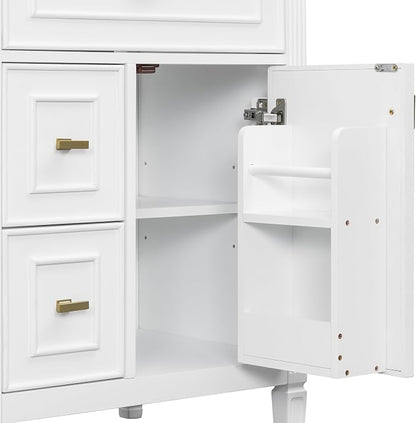 24" Modern Bathroom Vanity with Ceramic Sink, Solid Wood Frame Freestanding Storage Cabinet w/2 Drawers & Tilt-Out Drawer, Door Rack & Adjustable Shelf, Golden Metal Handles, White