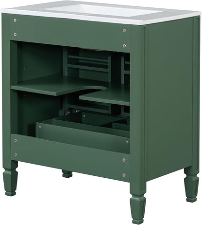 Christopher Knight Home Benton 30" Bathroom Vanity with Ceramic Sink, Wood Frame, Adjustable Shelves, Soft Close Door Hinges, Storage Cabinet with 2-Tier Door Organizer, 1 Drawer, Green