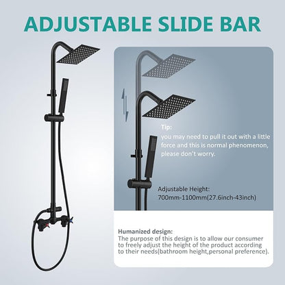 Aolemi Outdoor Shower Kit with Handheld,Square Rain Shower,Matte Black | 2-Handle Hot and Cold Control, Adjustable Height, 6-Inch Center Valve, 59-Inch Hose, Winter Drainage Outdoor Shower Fixtures
