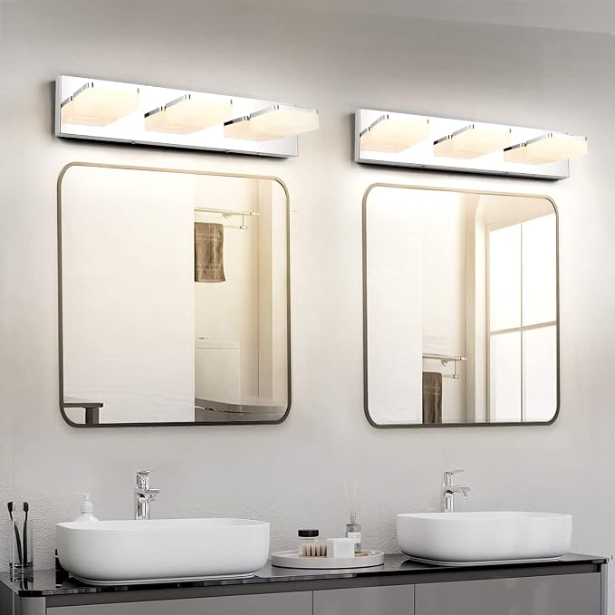 GOODATE 3 Colors Dimmable Bathroom Light Fixtures Over Mirror, LED Chrome Vanity Lights, Acrylic Stainless Steel 3 Light Bathroom Vanity Light, Adjustable 3000K/4000K/6000K, 360° Rotate