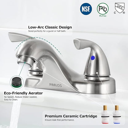 Brushed Nickel Bathroom Faucet 4 Inch Centerset for Lavatory Sink | Mid Arc, 2 Handle Lead-Free RV Bathroom Faucet with Metal Pop Up Drain Supply Lines, for 2 or 3 Hole Lavatory Utility Sink