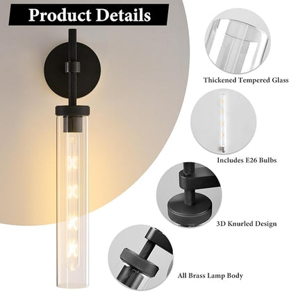 Brass Knurled Tube Wall Sconce - Luxury Modern Glass Sconces with Bulbs - Black Dimmable Indoor Lighting - Vertical Mounted Light Fixture for Vanity Mirror Bathroom Bedroom Living Room Hallway