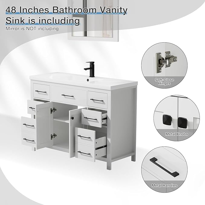 LUCKWIND 48" Modern Bathroom Vanity with Sink Combo, Contemporary Painted Storage Cabinet and Single White Sink, Include Soft-Closing Doors & Matte Black Faucet, White