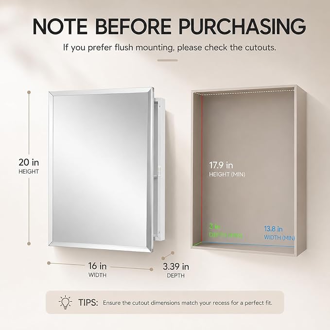 16x20 Plastic Medicine Cabinet with Mirror, Recessed or Surface Mount | 2 adjustable shelves, beveled mirror, soft-close reversible door, 95% assembled; cutout 13.8"W x 17.9"H x 3"D