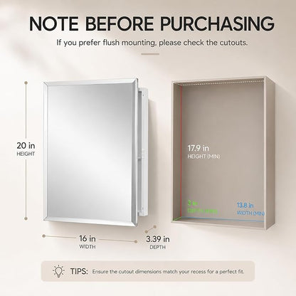 16x20 Plastic Medicine Cabinet with Mirror, Recessed or Surface Mount | 2 adjustable shelves, beveled mirror, soft-close reversible door, 95% assembled; cutout 13.8"W x 17.9"H x 3"D