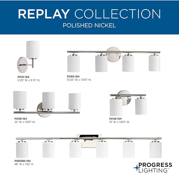 Progress Lighting 3-Light Etched Glass Modern Bath Vanity Light, Replay Collection , Indoor, P2159-104, Polished Nickel