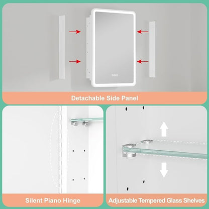 16x24 Inch Medicine Cabinet with Lights,Wall or Recessed Mounted LED Bathroom Mirror Cabinet, Defogger, Storage Shelf, 3 Color Dimmable Light with Memory Function, Left Hinge,White
