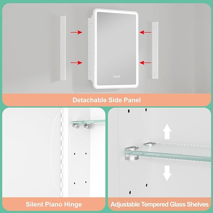 24x30 Inch Medicine Cabinet with Mirror, Recessed or Surface Mount Bathroom Medicine Cabinet with LED Lights, Anti-Fog, Memory Function, Adjustable Shelf, Dimmable Light, ETL Listed, White,Left Hinge