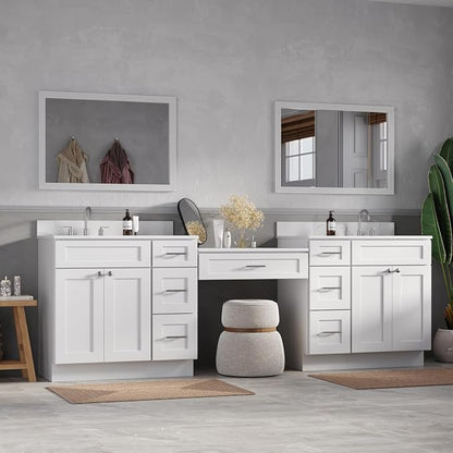 DSR 102'' Double Bathroom Vanity Cabinet with Carrara Quartz Top White Shaker Style Dovetail Drawers Vanity Desk Solid Wood Plywood MDF (102'' with Seven Drawers)
