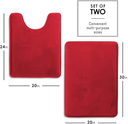 Clara Clark 2 Piece Bathroom Rugs, Velvet Memory Foam Bath Mat Set, Non-Slip Bath Rugs, Machine Wash, Dries Quickly, Ultra Soft Plush Bath Mats for Bathroom, 20 x 32 + Contour, Red