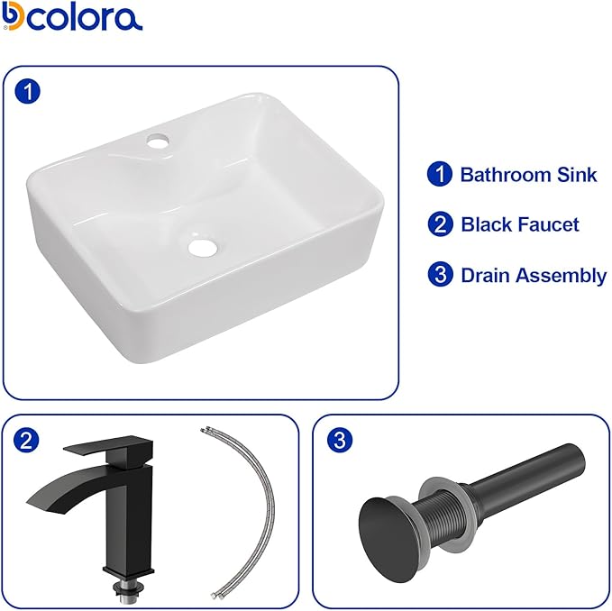 Dcolora 19 In. White Vessel Sink for Bathroom, Rectangular Above Counter Porcelain Ceramic Sink with Black Accessories, 15"D x 19"W x 5"H #DC-SFDOE00086