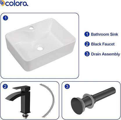 Dcolora 19 In. White Vessel Sink for Bathroom, Rectangular Above Counter Porcelain Ceramic Sink with Black Accessories, 15"D x 19"W x 5"H #DC-SFDOE00086