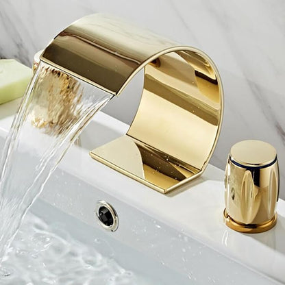 3 Hole Basin Mixer Faucet Waterfall Hot and Cold Water Brass 2 Handles 3 Hole Bathroom Faucets-Brushed Gold