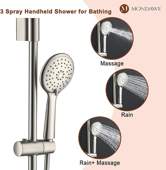 MONDAWE 9 Inch Wall Mounted Shower Faucet Set in Brushed Nickel, Rainfall Shower Head with 3-Setting Handheld Spray Shower Set Combo, High Pressure Shower System with Solid Brass Valve