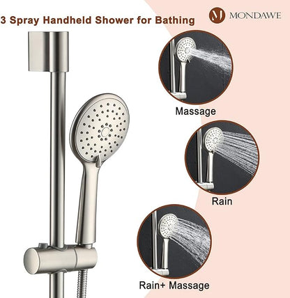 MONDAWE 9 Inch Wall Mounted Shower Faucet Set in Brushed Nickel, Rainfall Shower Head with 3-Setting Handheld Spray Shower Set Combo, High Pressure Shower System with Solid Brass Valve