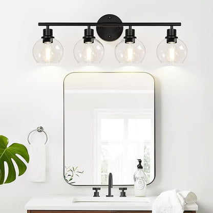 4-Light Bathroom Light Fixtures, Black Bathroom Lights Over Mirror with Clear Glass Globe Shade, Vanity Lights for Bathroom Kitchen Living Room Hallway Cabinet Bedroom Porch