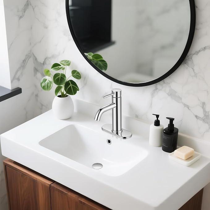 Bathroom Faucet, Single Handle Vanity Sink Faucet, Chrome | Chrome, for 1/3-Hole, Stainless Steel, Ceramic Cartridge, Pop-Up Drain, Deck Plate, For Vanity Powder Laundry