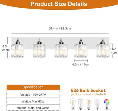 Brushed Chrome Crystal Bathroom Vanity Light, 5-Light Modern Bathroom Lighting Fixtures Over Mirror,Chrome Wall Sconce Light Fixtures with Square Shade
