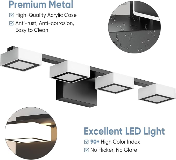 LED Modern Bathroom Light Fixtures Over Mirror, 4-Light Dimmable Vanity Lights, Matte Black Acrylic Bathroom Vanity Light, 2700K-6500K Adjustable, ETL Certificated