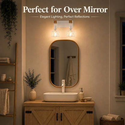 Farmhouse Vanity Light Fixture,2-Light Bathroom Lighting,White Modern Wood Wall Light Over Mirror with Metal Shade