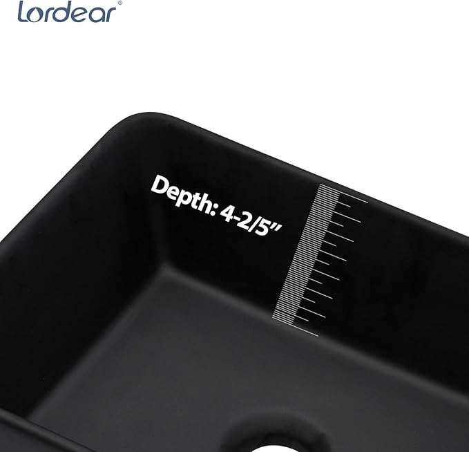 Lordear Black Vessel Sink Rectangular 16" x 12" Black Bathroom Vessel Sink Rectangular Ceramic Porcelain Vanity Above Couter Art Basin