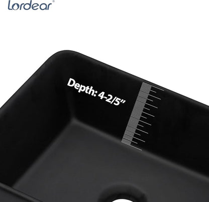 Lordear Black Vessel Sink Rectangular 16" x 12" Black Bathroom Vessel Sink Rectangular Ceramic Porcelain Vanity Above Couter Art Basin