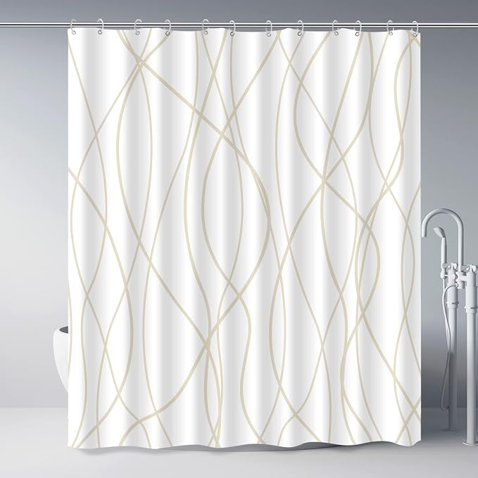 Striped Shower Curtain for Bathroom, Beige Khaki, 72" W x 72" L | with Hooks, Modern Hotel Style, Water Repellent, Washable, Weighted Hem
