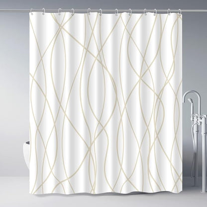 Striped Shower Curtain for Bathroom, Beige Khaki, 72" W x 72" L | with Hooks, Modern Hotel Style, Water Repellent, Washable, Weighted Hem