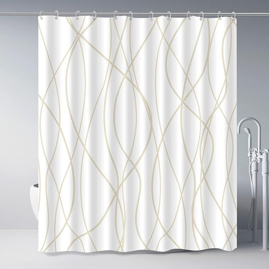 Striped Shower Curtain for Bathroom, Beige Khaki, 72" W x 72" L | with Hooks, Modern Hotel Style, Water Repellent, Washable, Weighted Hem