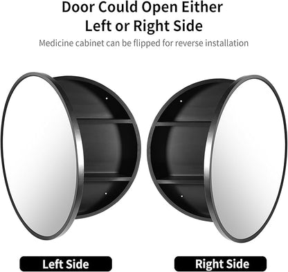 Movo 26 Inch x 26 Inch Round Circle Black Aluminuml Framed Bathroom Mirror Medicine Cabinet, Circular Storage Cabinet Surface Mounted Black